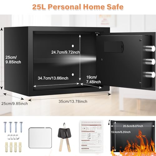 25L Tresor für Zuhause mit Feuerfest Wasserdichter Geldtasche, Digitaler Safe Tresor mit Herausnehmbares Regal und Alarmanlage, Wandtresor Möbeltresor für Bargeld Medikamente Schmuck A4 Dokumente