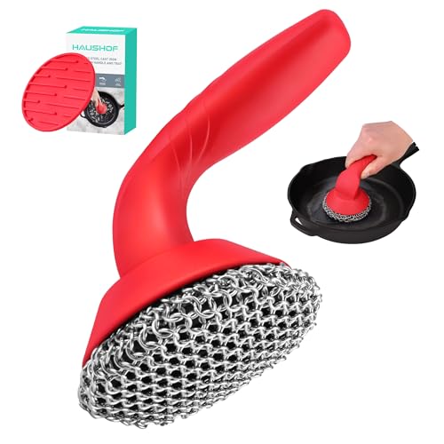 HAUSHOF Cast Iron Scrubber with Long Handle, Chainmail Scrubber Cast Iron Cleaner for Pan, Kitchen Cleaning Kit for Grill, Dutch, Oven
