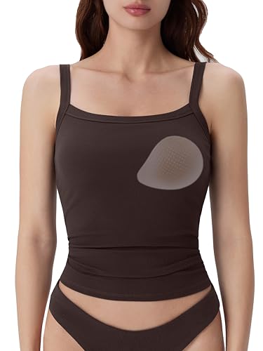 SUUKSESS Women Cotton Rib Padded Tank Tops Sleeveless Spaghetti Strap Square Neck Tops Summer Camisole Going Out Shirts (Coffee, Small)