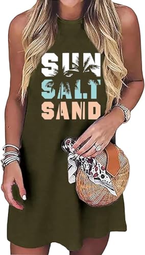 Image of Sun Salt Sand Coconut Tree Tank Mini Dress for Women Casual Loose Sleeveless Beach Praty Shirts Summer Vacation Short Dress