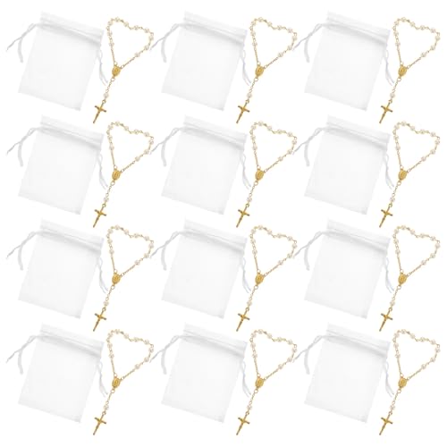 HOMSFOU Pulseras Religiosas de Rosario Cruz y Cristales, 12 Unidades en Aleación Dorada, Ideales para Regalos en Bautizos, Comuniones y Fiestas de Boda, para Mujeres y Hombres