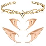 FRESHME Fairy Ears with Elf Crown Set 2 Pairs Soft Elf Ears with Gold Fairy Crown Set Pixie Headband Headpiece Kit Cosplay Costume Makeup for Halloween Renaissance Costume Dress Up