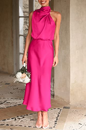 Image of PRETTYGARDEN Women's 2026 Summer Satin Dress Elegant Sleeveless Mock Neck Cocktail Party Maxi Dresses
