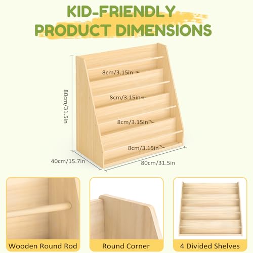 Image of XiaZ Scalloped Kids Bookshelf, 4-Tier Wooden Montessori Display for Toddler | Solid Pine Wood, Stable Trapezoid Base, Rounded Corners, Front Display, Compact, Holds 60-80 Books, Easy 20-min Assembly