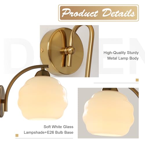 Image of Gold Wall Sconces Set of 2 Modern Industrial Bathroom Vanity Sconces Wall Lighting Indoor Brushed Brass Wall Sconces Golden Globe Glass Wall Lamp for Bedroom, Living Room MCL13W-2 (2Pack)