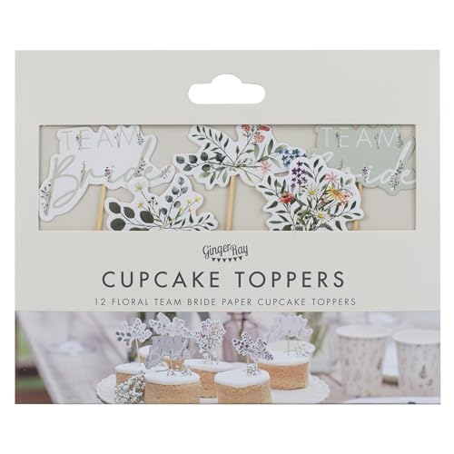 Ginger Ray Cupcake-Topper „Team Bride“ und Blumendruck auf Holzspießen, Kuchendekorationen für Junggesellinnenabschiede, 12er-Pack