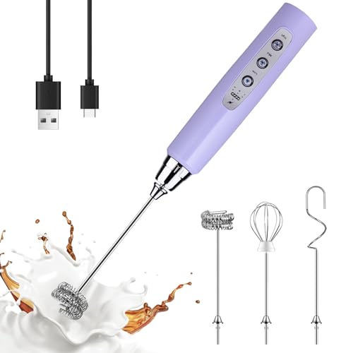 Image of YUSWKO Light Purple Handheld Milk Frother Wand for Coffee, Rechargeable Electric Whisk with 3 Heads 3 Speeds Drink Mixer Coffee Frother For Latte, Cappuccino, Hot Chocolate, Egg