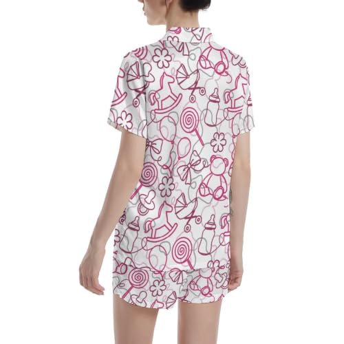 Image of Funny Pajamas for Women Set Print Satin Loungewear Pjs Short Sleeve Button Down Top and Shorts Sets Sleepwear XS-3XL
