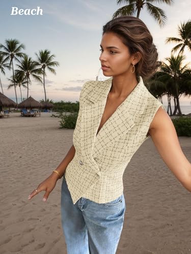 Mina Self 2025 Womens Summer Tweed Plaid Vest Tops Sleeveless Lightweight Crop Double Breasted Work Jacket 5
