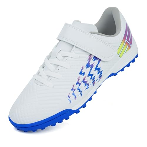 brooman Kids Turf Soccer Shoes Girls Boys Indoor Soccer Shoes (1,White/Navy)