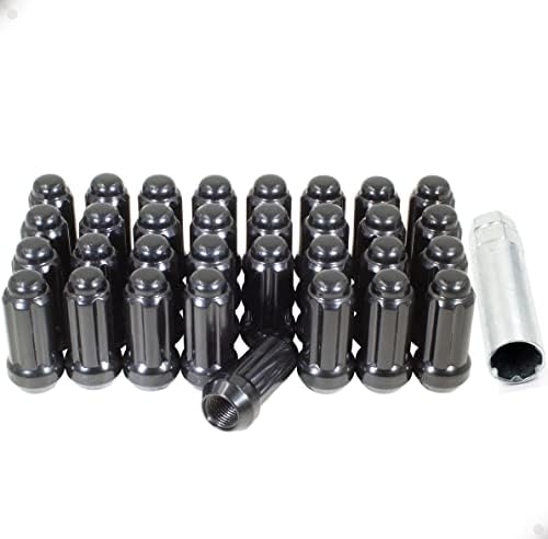 Wheel Accessories Parts 14x1.5 Spline Lug Nuts Black 32 Pack 2" Long Truck Small Diameter Lug Nut Closed End Cone Seat Acorn 6 Spline with Key for Aftermarket Wheels (M14x1.50 Spline, Black)
