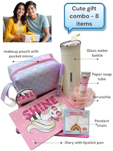 Image of Le Delite Birthday Gift For Sister I Rakhi Combo Hamper For Girls | Stylish Makeup Pouch, Glass Water Bottle, Pendant Necklace, Scrunchie, Soap Tube, Diary And Lipstick Pen (purple combo) 100 Pages