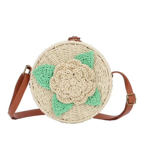 Ynport Crefreak Mujer Bolso Redondo De Paja Bolso De Hombro Cruzado De Playa Tejido A Mano Monedero Natural Chic Bolso Boho Círculo Para Vacaciones Citas Playa,Beige