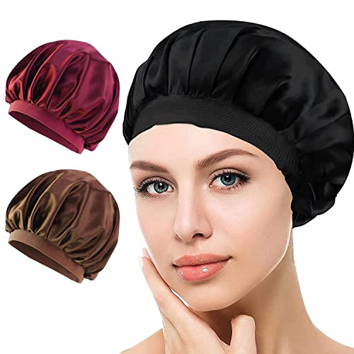 ORYIAH Satin Bonnet Schlafmütze, 3 Stück Nacht Schlaf Mütze Verstellbare Schlafkappe Kopfbedeckung Weiche Kopfhaube Schlafhaube Seide mit Gummizug für Damen und Mädchen (Schwarz, Rot) Cover
