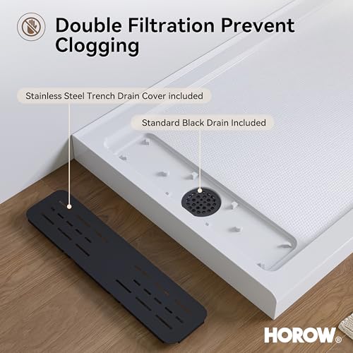 Image of HOROW Shower Base 60 inch x 32 inch, Left Drain Single Threshold Shower Base in White with Efficient Drainage, Non-Slip, Stainless Steel Cover, Small Rectangle Acrylic Shower Pan for Bathroom