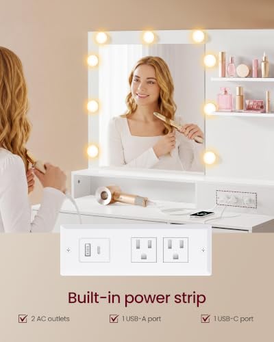 Image of VASAGLE 31.5-Inch Vanity Desk with Mirror and Lights, Power Outlets