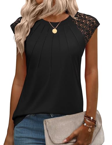 Zeagoo Women's Lace Cap Sleeve Tops Pleated Crewneck Summer Tank Tops 2025 Dressy Casual Sleeveless Shirts Blouse