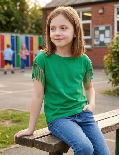 Image of Noomelfish Girls Fringe Sleeve T-Shirts Tassel Casual Summer Tee Tops (5-12 Years)