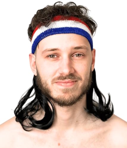ALLAURA Compatible with 80s Mullet Costume – Black Mullet Wig with Headband for Men – One Size Fits Most – Retro Rocker Hair for Halloween, Parties, Funny Outfits, 1980s Mullet Wig, or Athlete Look