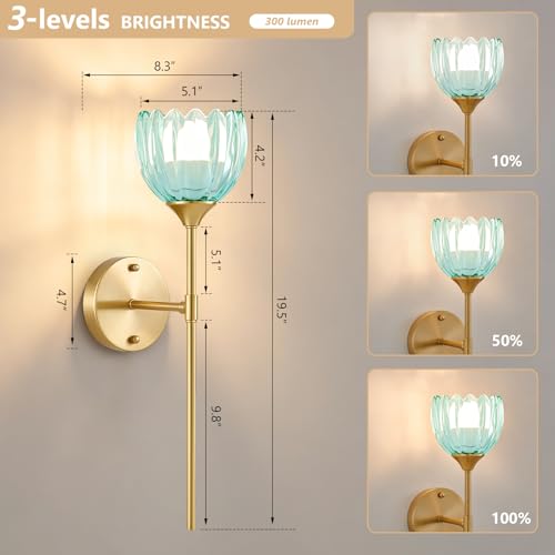 Image of Vintage Battery Operated Wall Sconce Set of 2, Blue Tulip Glass Lampshade Wireless 5300 mAh Rechargeable Battery Powered LED Wall Light with Remote Dimmable for Bedroom Bathroom Living Room