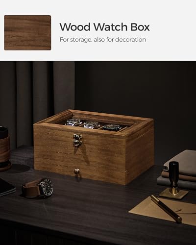 SONGMICS Watch Box with 8 Slots, 2-Tier Wood Watch Case with Large Glass Lid, Watch Pillows, Velvet Lining, Jewellery Box, Gift for Loved Ones, Rustic Walnut JOW008K01 - 4