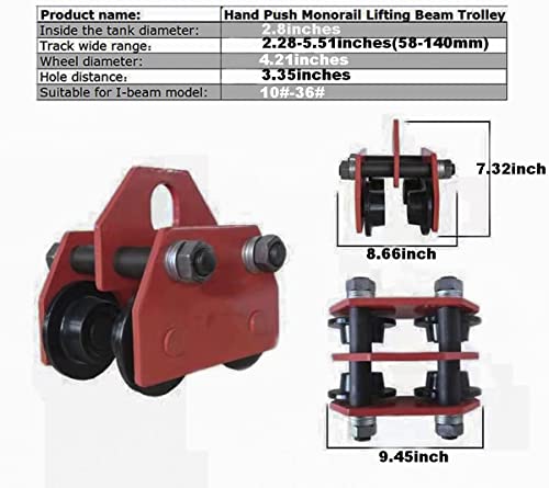 PreAsion Push Trolley 2 Ton 4400LBS Beam Trolley Capacity Plain Trolley Crane Lift Dual Wheels Garage Hoist
