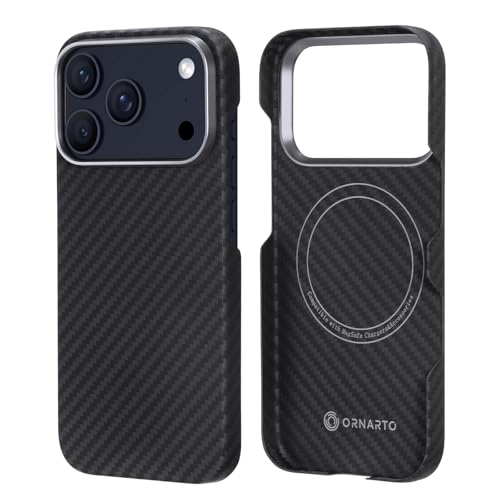 ORNARTO ultradünne für iPhone 17 Pro Hülle aus Aramidfaser kompatibel mit Magnetisch Ultra Slim und leicht(22.5g max. 1.3mm) 3D-Grip 1500D Aramid Carbon-Look schwarz/grau