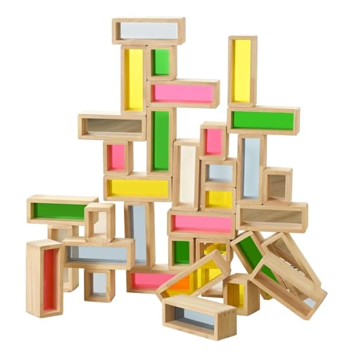 Large Wooden Building Blocks Set for Toddlers 36 PCS Big Colorful Rainbow Window Hollow Blocks Set Montessori STEM Construction Toy for Kids Sensory Stacking Blocks for Preschool Kindergarten Play