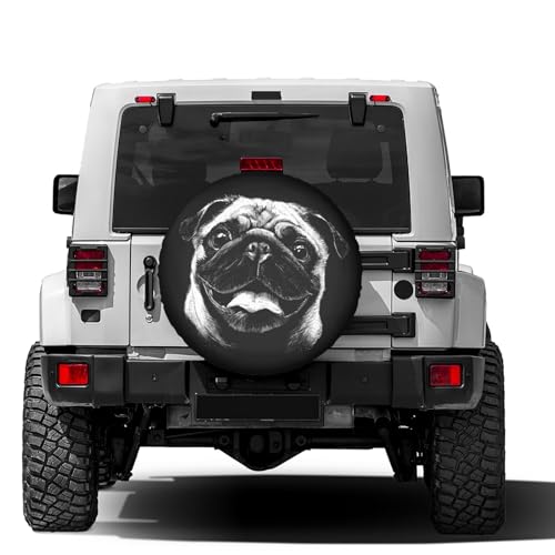 Image of Black and White Pug Face Polyester Tire Covers 16 inch Wheel Adjustable Car Cover Fit Trailer RV SUV Many Vehicles Car Diameter 29 inch-31 inch