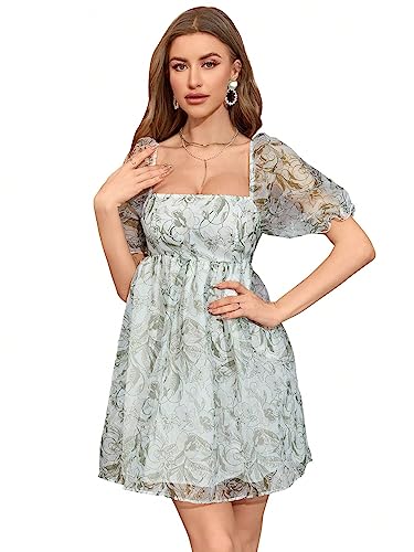 Women's Floral Square Neck Puff Short Sleeve High Rise Flare Organza Dress