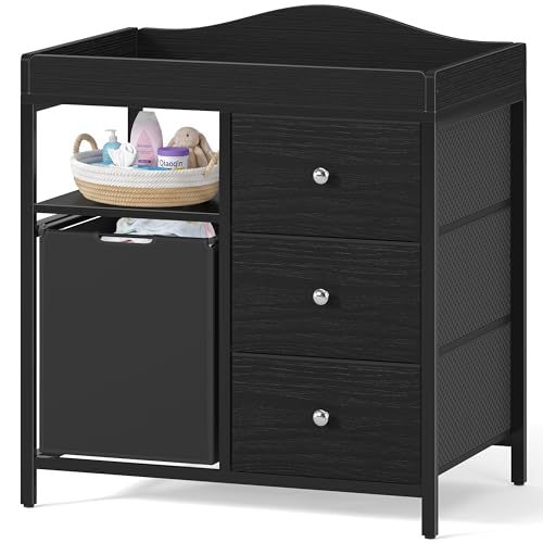 BOLUO Black Changing Table Dresser with 3 Fabric Drawers and Hamper Baby Dresser with Changing Table Top Nursery Diaper Changing Station with Storage Shelf Modern