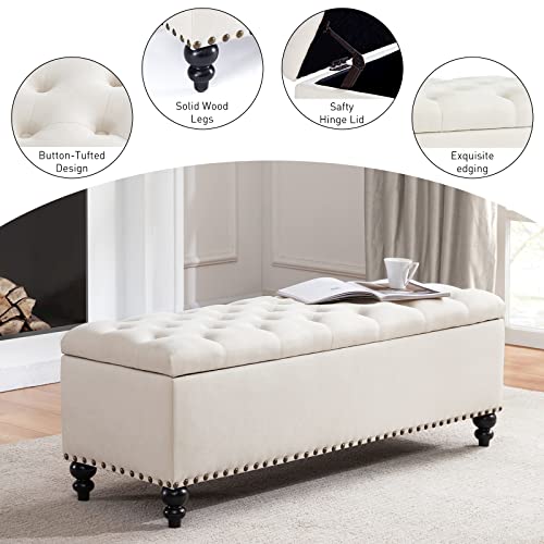Huimo Ottoman With Storage, 51-Inch Storage Ottoman Bench With Button-Tufted, Bedroom Bench Safety Hinge Ottoman In Upholstered Fabrics, Large Storage Bench For Bedroom, Living Room (Ivory-Rivet) #TOP4