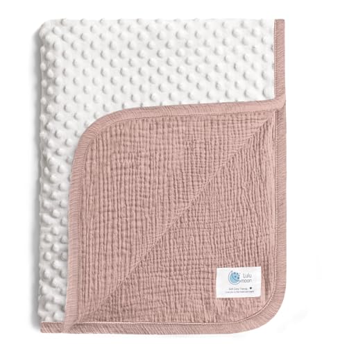 Image of lulumoon Muslin Baby Blanket for Girls: Minky Dot Backing Thermal - Newborn Blanket for Baby Shower & Registry Gift 30"x40"(Sand)