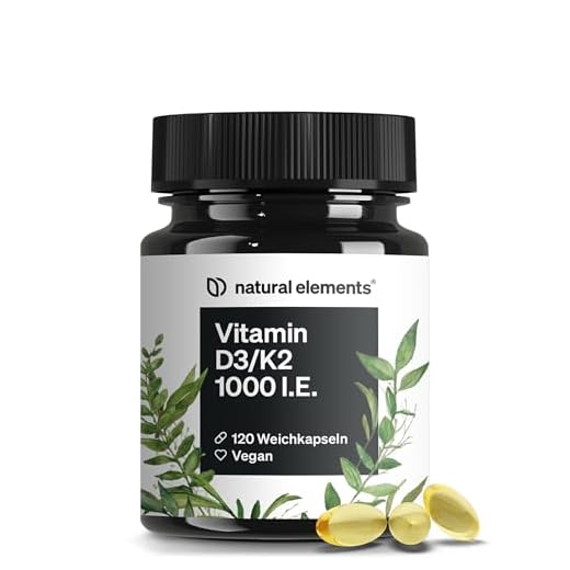 natural elements Vitamin D3 + K2 Softgel Kapseln – hochdosierte 1.000 I.E. Vitamin D3 und 20µg Vitamin K2 – 120 Kapseln – vegan, ohne unnötige Zusätze – in Deutschland produziert & laborgeprüft
