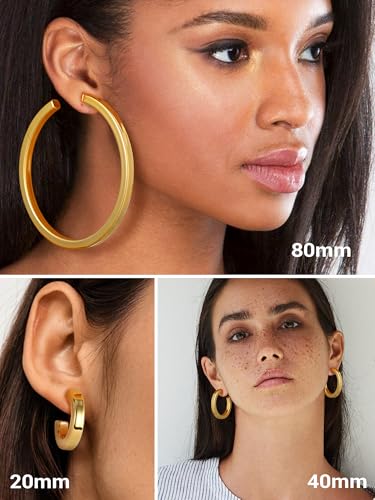 Image of Stainless Steel Chunky Hoop Earrings For Women, Minimalist and Chic, Black /Gold Plated, Round Hoops Earrings Hypoallergenic, Size: 30mm /40mm /60mm /80mm, Come with Box