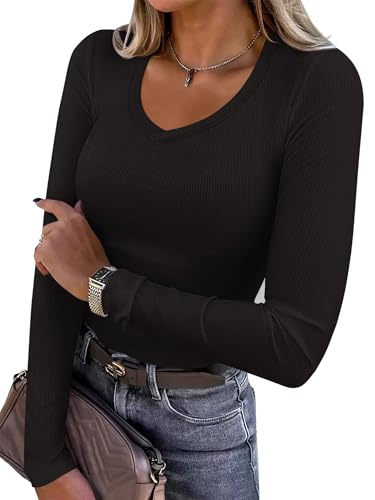 REORIA Womens Long Sleeve Shirts 2025 Fall Trendy Deep V Neck Slim Fit Basic Tops Casual Going Out Top Tee Blouse