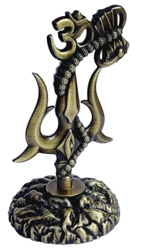 Image of Shivji Trishul Damru and Aum Idol for Mandir, Car Dashboard Statue Metal Showpiece for Pooja Room Home Decor, 10 cm, Antique