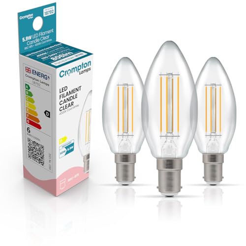 Crompton Lamps Filament Candle LED Light Bulb SBC-B15d | 5.9W = 60W Equivalent | Cool White 4000K | Energy Efficient | Small Bayonet Lightbulb | Long Life 15,000-Hrs | Clear Glass | Dimmable | 3-Pack