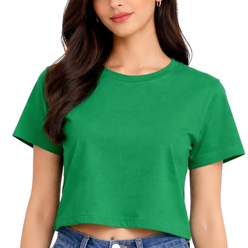 Image of Hangout Hub Women Crop Top T-Shirts | Round Neck Plain Solid Tshirts | Double Weaved | Shrink Free Tees | Casual T-Shirt for Woman Ladies Girls(Cotton|Pack of 3)