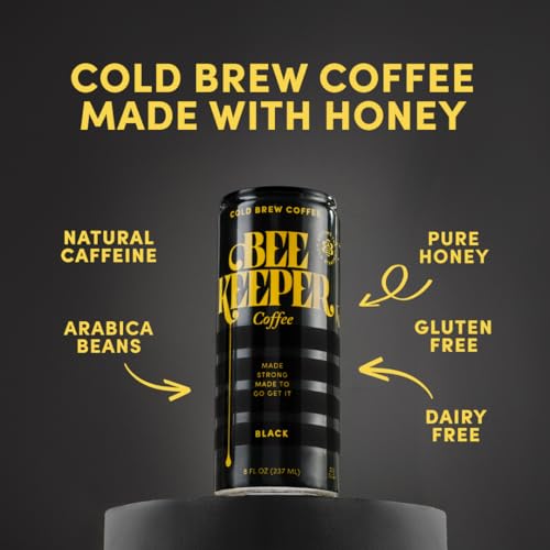 Image of Beekeeper Black Cold Brew Coffee Drinks with Oregon Honey | 12 Pack Refreshing Iced Coffee - Unsweetened & Strong Arabica Brew, 8 fl oz Ready-to-Drink Can - 180mg Natural Caffeine