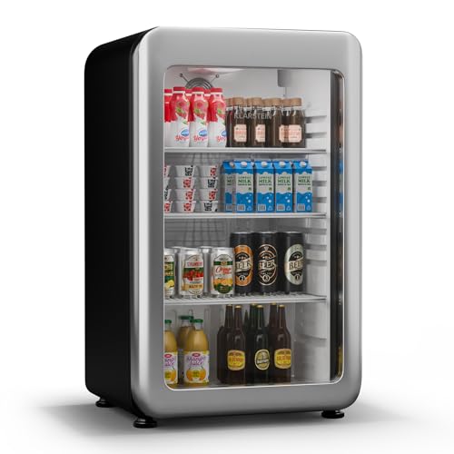 KLARSTEIN Audrey EVO Nevera Bebidas - 93L Frigorífico para Bebidas con Puerta Doble Acristalamiento, Iluminación Led, Termostato Mecánico, 0-10°C, Diseño Retro Plata