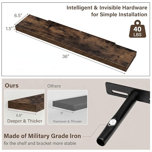 Image of Acovy 36in Long Floating Shelves for Wall Set of 2, Wood Wall Shelves for Bathroom Bedroom Kitchen Living Room Laundry Room, Modern Floating Shelf for Home Decor