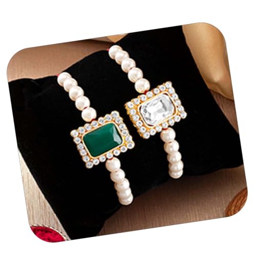 Image of Peora Rakhshabandhan Thread Rakhi for Brother Bhaiya | Kundan Beads & Crystal Studded | Combo Set of 2 | Rakhi Hamper Roli Chawal & Greeting Card