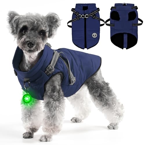 HezzLuv Dog Winter Jacket Coat, Waterproof Dog Coat With Harness, Warm Vest Dog Clothes For Small Dogs, Adjustable Warm Coats & Jackets For Dogs, Fleece Cotton Lined, Zipper Design, Blue, L