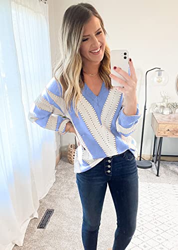 PRETTYGARDEN Sweaters for Women 2025 Long Sleeve Striped Knitted V Neck Pullover Jumper Tops Fall Outfits Fashion Clothing
