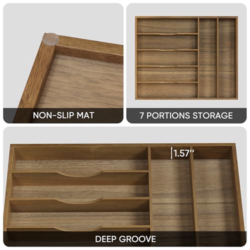 Smuxee Acacia Wood Kitchen Silverware Drawer Organizer, 7 Compartment Utensil Holder, Kitchen Drawer Divider for Silverware and Kitchenware - Image 5