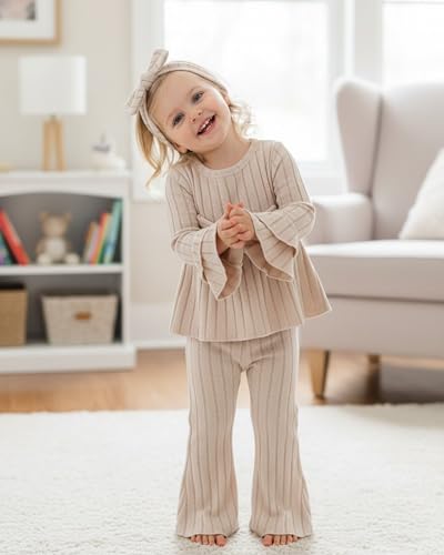 Image of SODLON Baby Girl Clothes Toddler Fall Winter Outfits Ruffle Long Sleeve Bow Top Flared Pants Set Bell Bottom Clothing 18M-5T