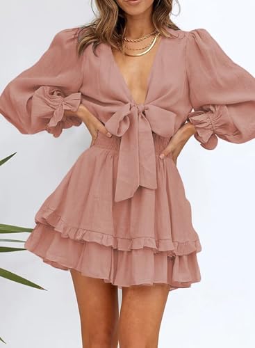 Image of Dokotoo Womens Casual Spring Fall 2025 Deep V Neck Knotted Tiered Chiffon Elegant Mini Short Swing Skater Dresses