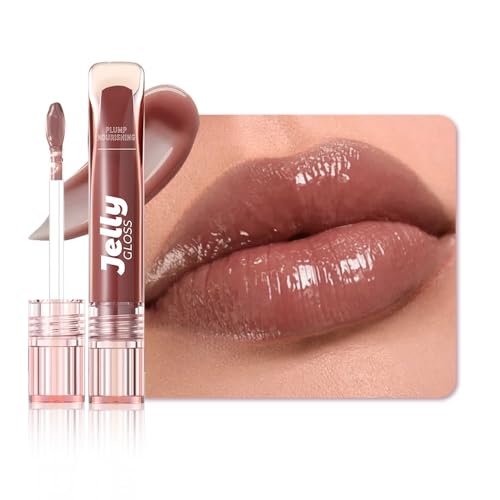 Image of WanTuoluo Jelly Lip Gloss, Soft Lip Tint, Instantly creates a Sheer Glass-like Shine, Cool Blue Red Rose Mocha Bean Chocolate Brown Colors, Smoothing, Moisturizing, Plump and Hydrated (B04)