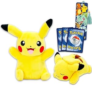 Pokemon Plushie Set – 2 Pc Bundle with 5″ and 8″ Pikachu Plush Figures Plus Bookmark and Trading Cards | Soft Pokemon Pikachu Stuffed Animals Pack